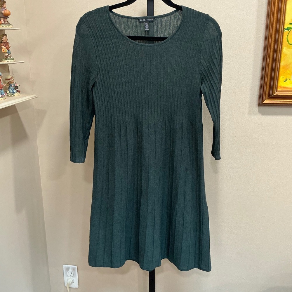 Eileen Fisher Sweater Dress XXS Green 100% Wool Ribbed 3/4 Sleeve A-Line F18YO